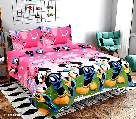 Printed Micky Mouse Pattern Polyester Bedsheet (Flat Sheet) with 2 Pillow Covers for Double Bed Size (90x 90) Color Pink| Machine Washable by DecorStore