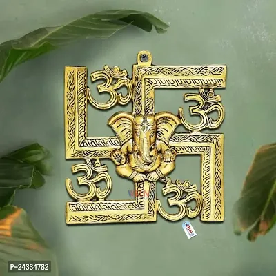 METAL SWASTIK WITH OM AND GANESHA WALL HANGING, WALL DECOR FOR HOUSE TEMPLE, METAL SWASTIK GANESH WITH OM WALL-thumb0