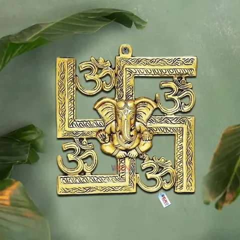 METAL SWASTIK WITH OM AND GANESHA WALL HANGING, WALL DECOR FOR HOUSE TEMPLE, METAL SWASTIK GANESH WITH OM WALL