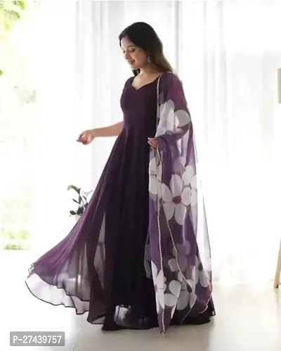 Beautiful Purple Solid Georgette Anarkali Kurta Pant Set With Dupatta