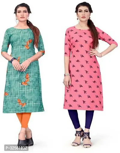 Stylish Multicoloured Crepe Printed Stitched Kurta For Women Pack Of 2-thumb0