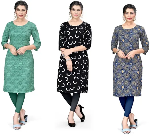 Trendy A-Line Multicoloured Printed Crepe Kurta Pack Of 3