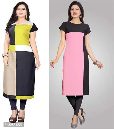 Stylish Multicoloured Crepe Printed Stitched Kurta For Women Pack Of 2-thumb0