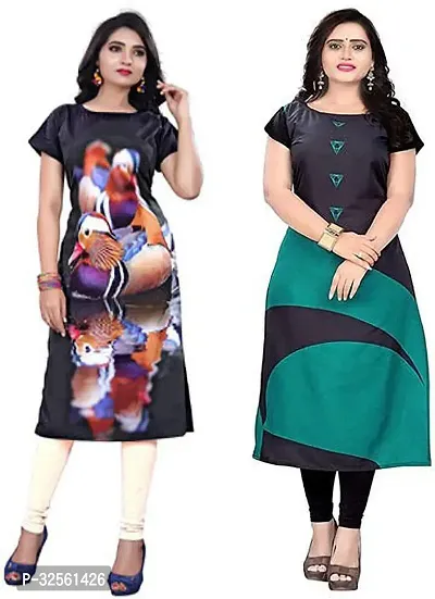 Stylish Multicoloured Crepe Printed Stitched Kurta For Women Pack Of 2