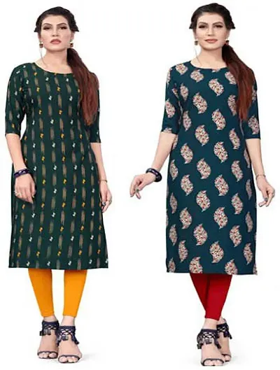 Stylish Crepe Printed A-Line Kurtis For Women - Pack Of 2