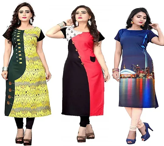 Stylish Crepe Printed A-Line Kurtis For Women - Pack Of 3