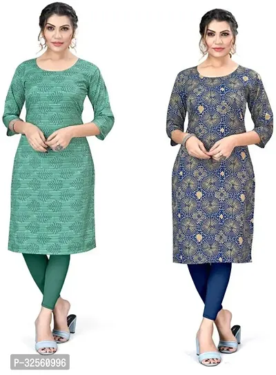 Stylish Multicoloured Crepe Printed Stitched Kurta For Women Pack Of 2-thumb0