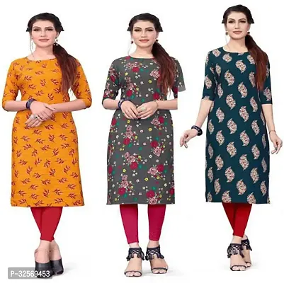 Elegant Multicoloured Crepe Printed Straight Kurta For Women Pack Of 3