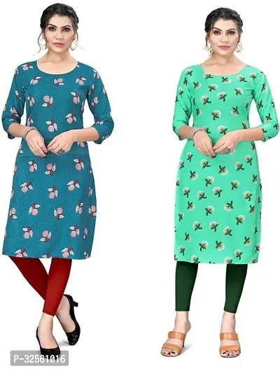 Stylish Multicoloured Crepe Printed Stitched Kurta For Women Pack Of 2-thumb0