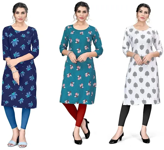 Stylish A-Line Multicoloured Printed Crepe Kurta Combo of 3