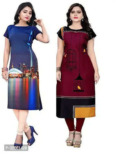 Stylish Multicoloured Crepe Printed Stitched Kurta For Women Pack Of 2