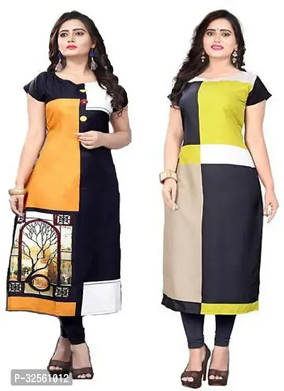 Stylish Multicoloured Crepe Printed Stitched Kurta For Women Pack Of 2-thumb0