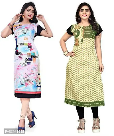 Stylish Multicoloured Crepe Printed Stitched Kurta For Women Combo Of 2-thumb0