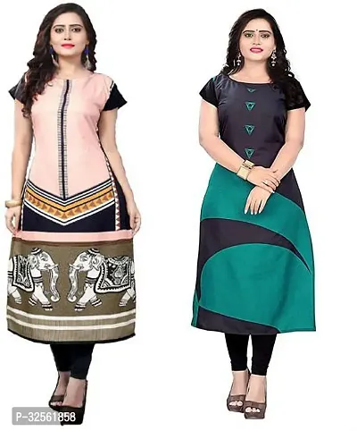 Stylish Multicoloured Crepe Printed Stitched Kurta For Women Combo Of 2