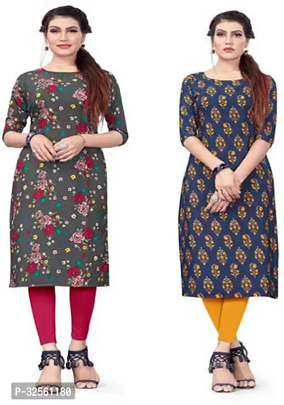 Stylish Multicoloured Crepe Printed Stitched Kurta For Women Pack Of 2-thumb0