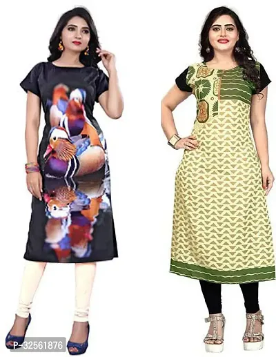 Stylish Multicoloured Crepe Printed Stitched Kurta For Women Combo Of 2