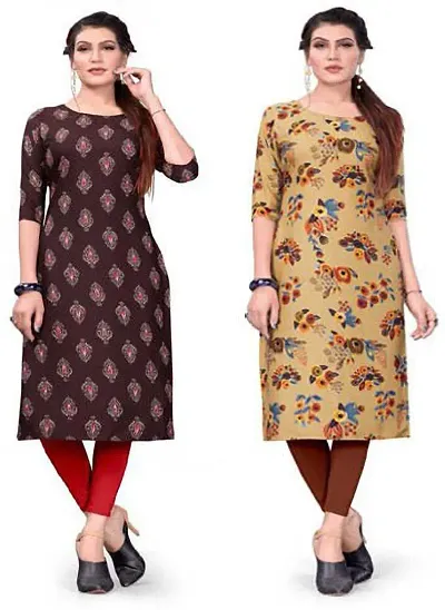 Womens Printed Full-Stitched Crepe Straight Kurti (Combo Pack Of 2)