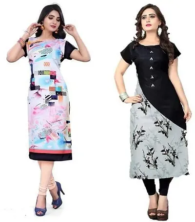 Stylish Crepe Printed A-Line Kurtis For Women - Pack Of 2