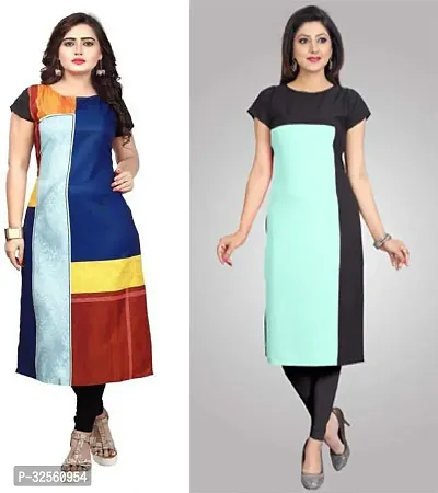 Stylish Multicoloured Crepe Printed Stitched Kurta For Women Pack Of 2-thumb0