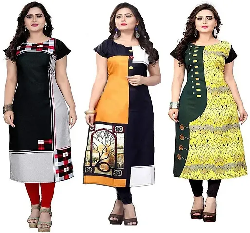 Stylish Straight Printed Crepe Kurta Pack Of 3