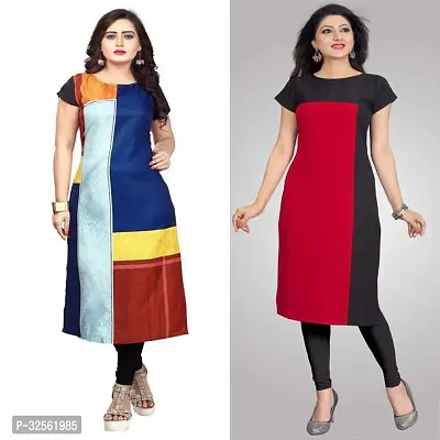 Stylish Multicoloured Crepe Printed Stitched Kurta For Women Combo Of 2