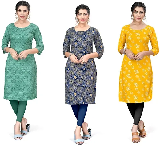 Stylish A-Line Multicoloured Printed Crepe Kurta Combo of 3