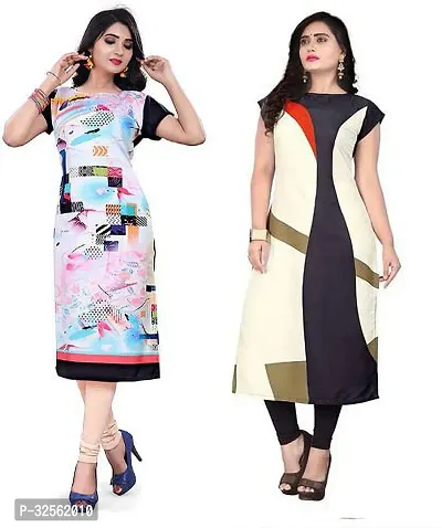 Stylish Multicoloured Crepe Printed Stitched Kurta For Women Combo Of 2