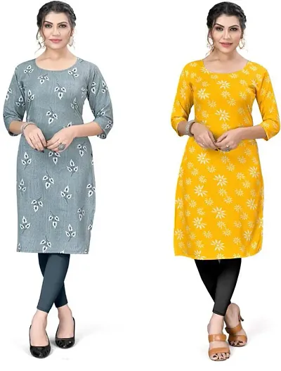 Stylish Crepe Printed A-Line Kurtis For Women - Pack Of 2