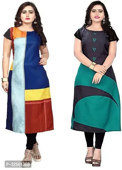 Stylish Multicoloured Crepe Printed Stitched Kurta For Women Pack Of 2-thumb0