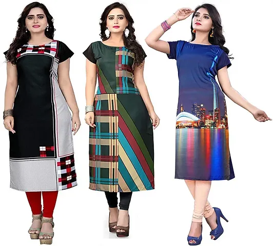 Trendy A-Line Multicoloured Printed Crepe Kurta Pack Of 3