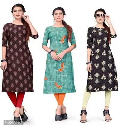 Elegant Multicoloured Crepe Printed Straight Kurta For Women Pack Of 3-thumb0