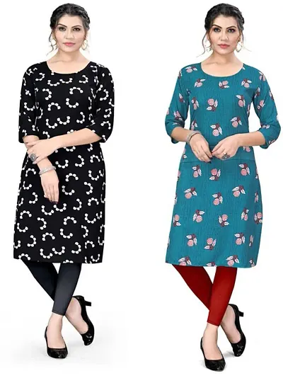 Stylish Crepe Printed A-Line Kurtis For Women - Pack Of 2