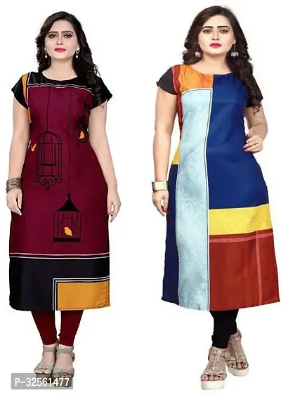 Stylish Multicoloured Crepe Printed Stitched Kurta For Women Pack Of 2