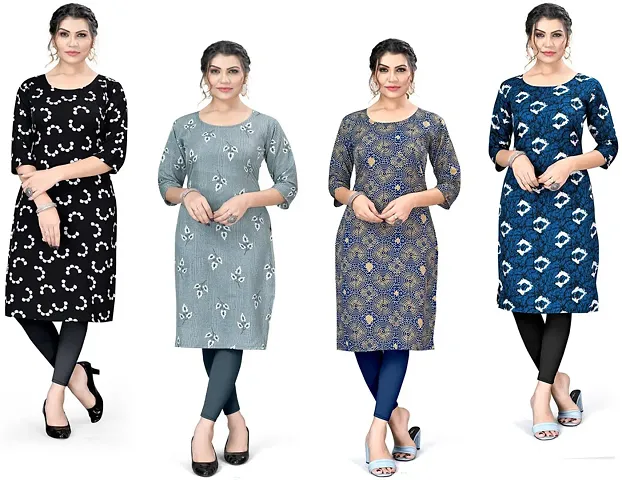 Stylish Crepe Printed A-Line Kurtis - Pack Of 4