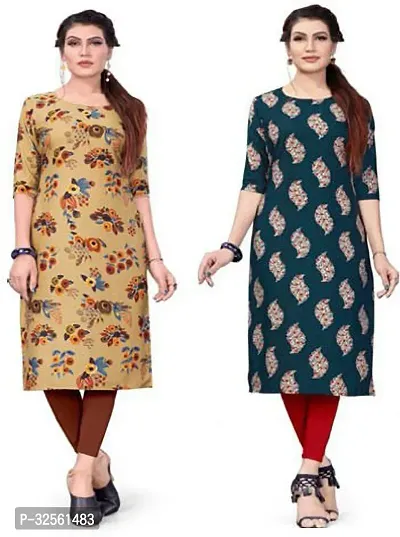 Stylish Multicoloured Crepe Printed Stitched Kurta For Women Pack Of 2-thumb0