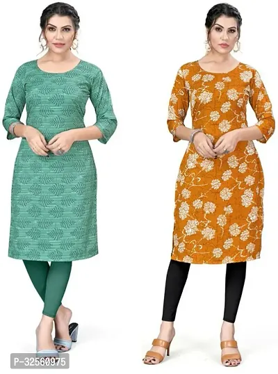 Stylish Multicoloured Crepe Printed Stitched Kurta For Women Pack Of 2-thumb0