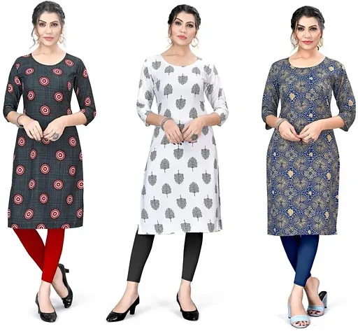 Lovely A-Line Multicoloured Printed Crepe Kurta Combo Of 3