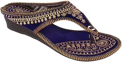 Women's Beautiful and Trendy Blue Self Design Fabric Ethnic Sandal-thumb1