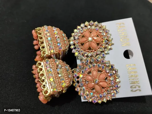 Stylish  Party Wear Jhumkas Latest Collection Ani Earrings for Girls And Women Color Peach Set-thumb2