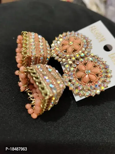 Stylish  Party Wear Jhumkas Latest Collection Ani Earrings for Girls And Women Color Peach Set-thumb3