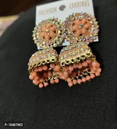 Stylish  Party Wear Jhumkas Latest Collection Ani Earrings for Girls And Women Color Peach Set-thumb4