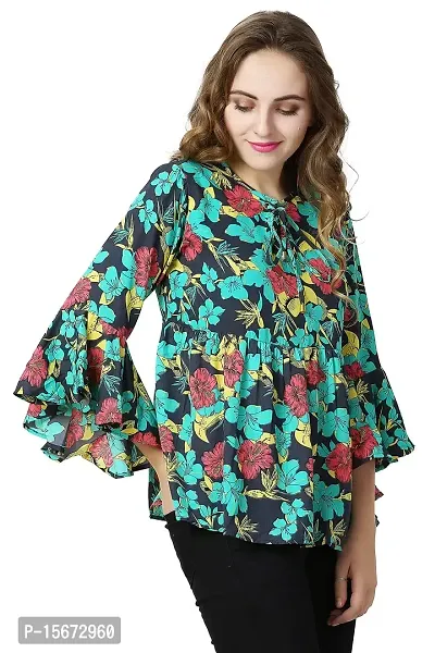 Mermaid Ocean Blue Floral Polycrepe Sleeve Top-thumb3