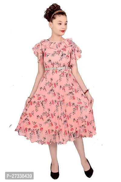 Stylish Peach Georgette A-Line Dress For Girls-thumb0