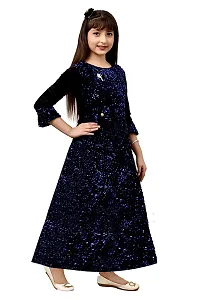 Stylish Blue Silk Self Pattern A-Line Dress For Girls-thumb3