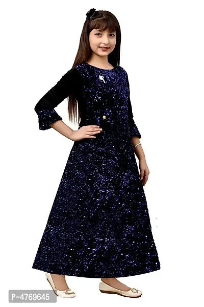 Stylish Blue Silk Self Pattern A-Line Dress For Girls-thumb4