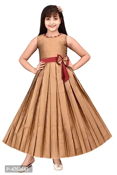 Elite Brown Silk Self Pattern Maxi Dress For Girls