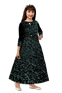 Stylish Green Silk Self Pattern A-Line Dress For Girls-thumb3