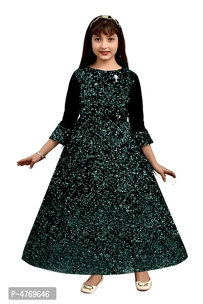 Stylish Green Silk Self Pattern A-Line Dress For Girls