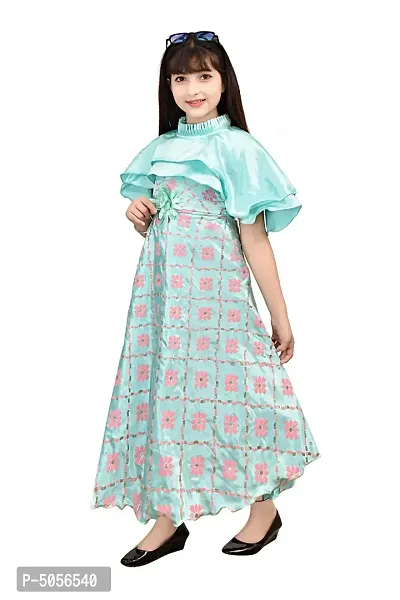Turquoise Silk Self Pattern Maxi Dress for Girls-thumb3