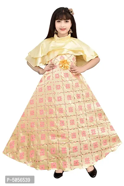 Stylish Golden Silk Self Pattern Maxi Dress For Girls